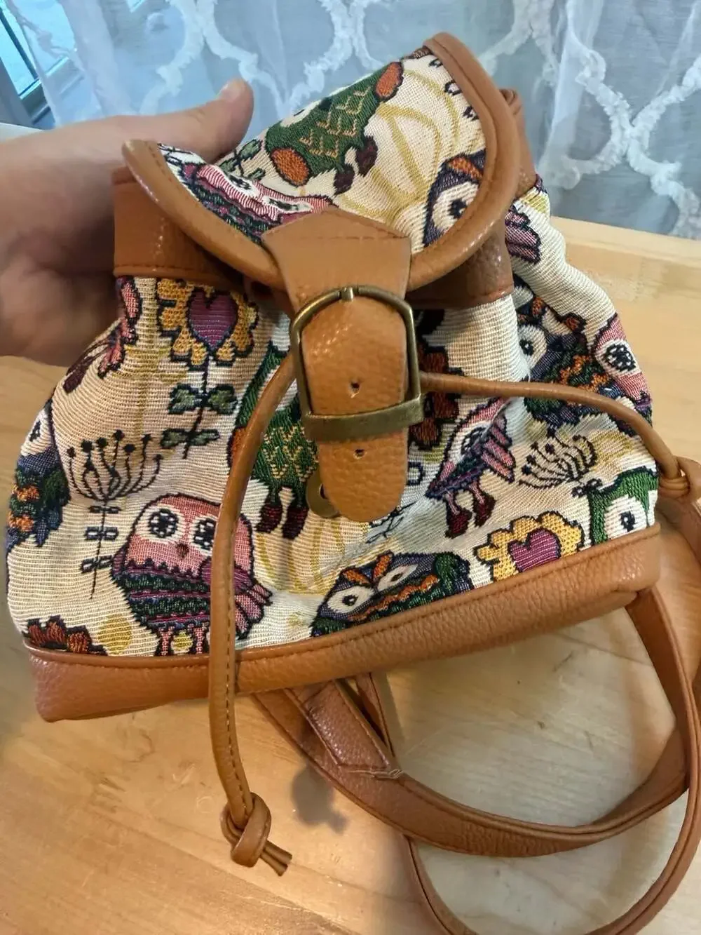 Small Tapestry Owl Print Mini Backpack with Brown Faux Leather Trim